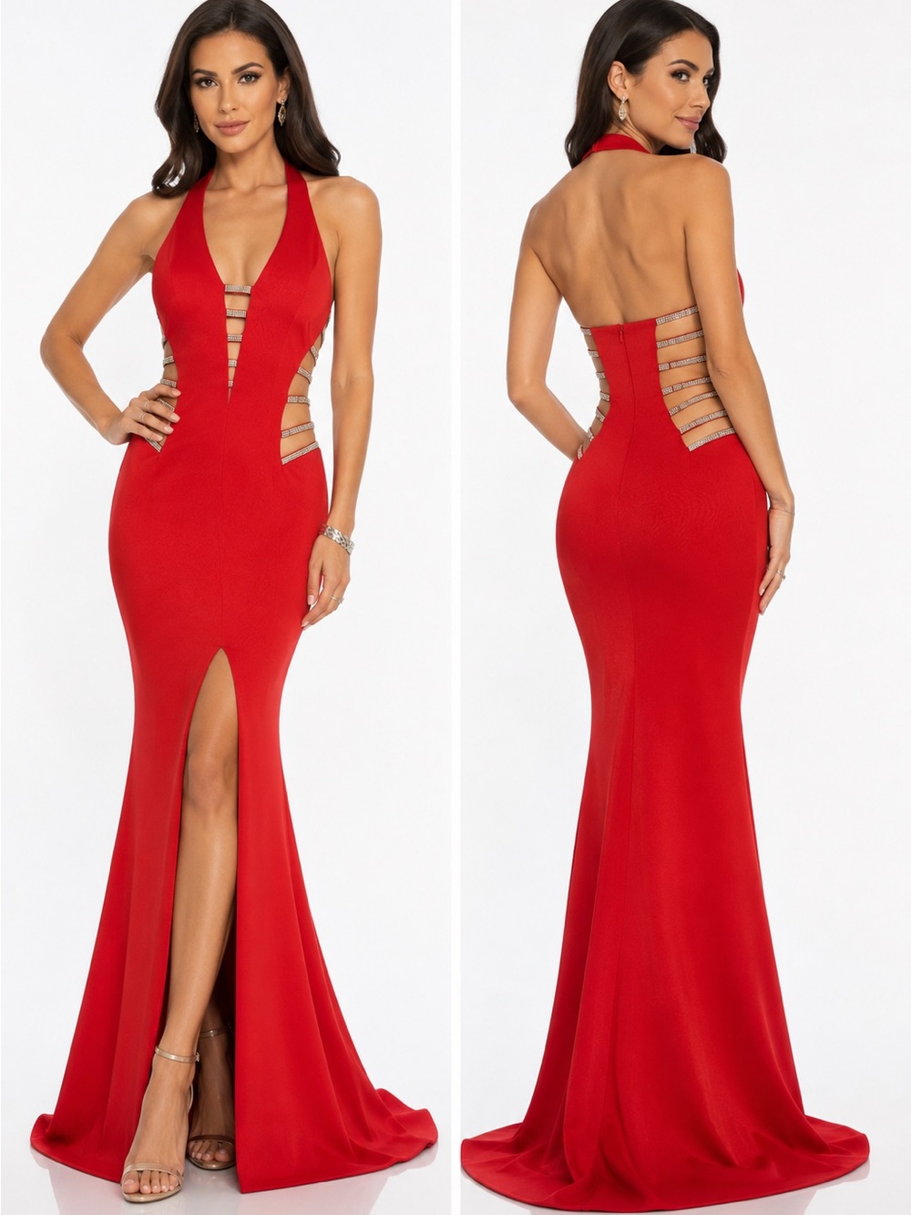 Terani Couture Red Crystal Cutout Halter Mermaid Gown NWT Size 4